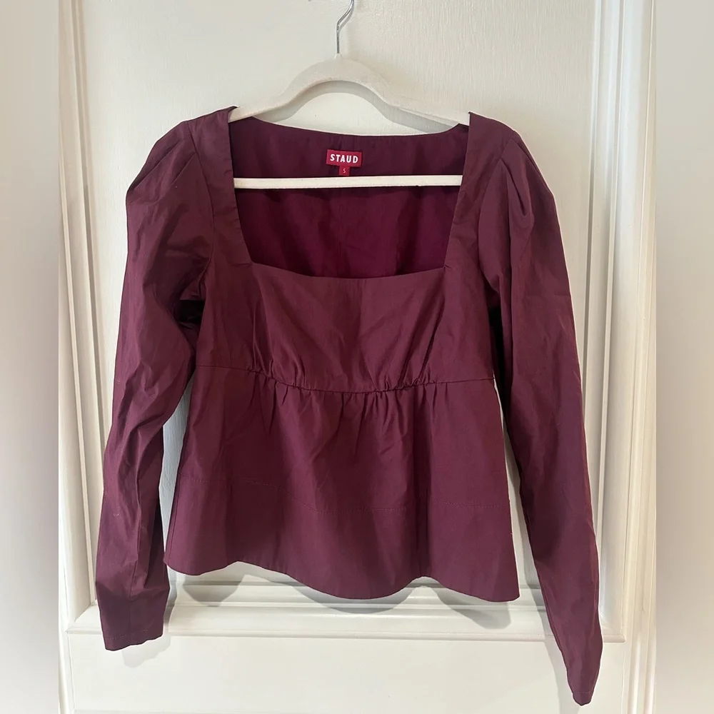 STAUD Peggy Babydoll Blouse Plum Purple Square Neck XS NWT Empire Sleeve Top